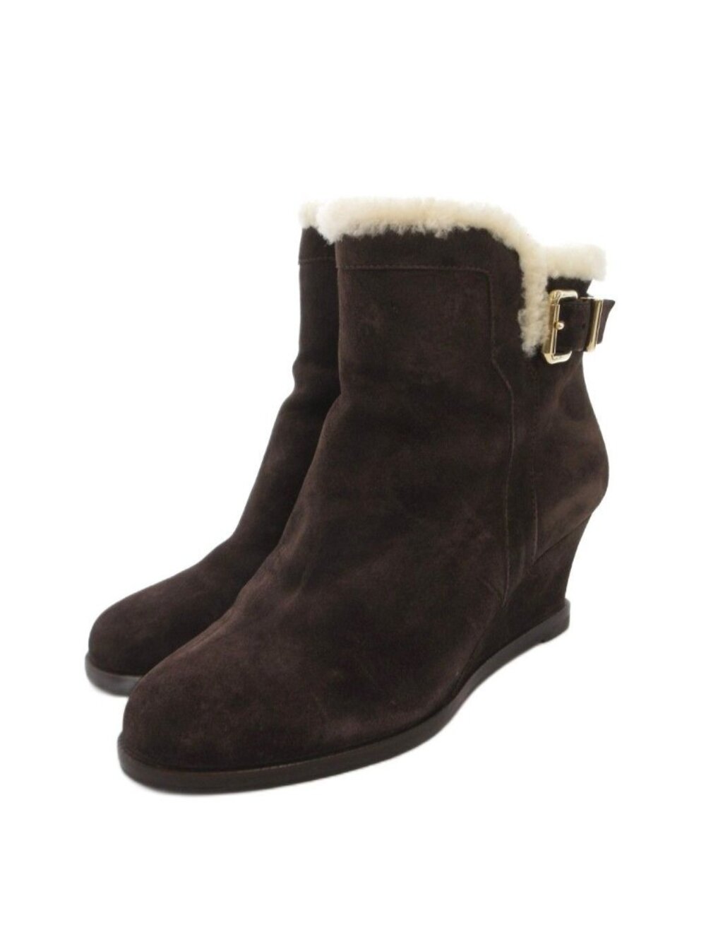 Fendi Short Boots Shoes Wedge Sole Fur Buckle Brown
